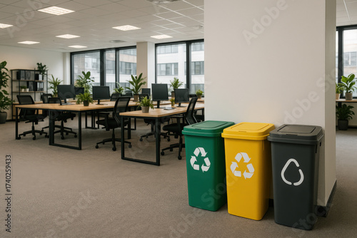 Recycling bins in a modern office space promoting sustainability and environmental awareness during working hours