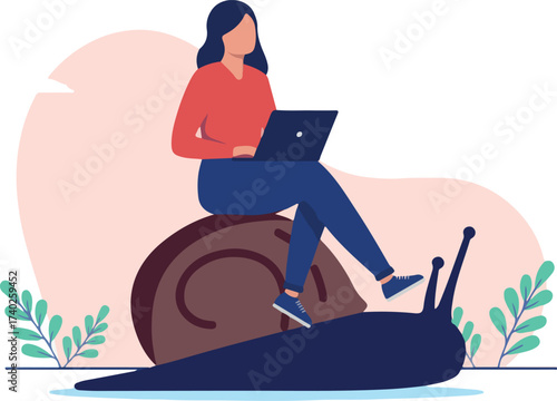 Slow boring work - unfulfilled woman person sitting on snail working on computer moving slowly in career and business with lack of progress and development. Flat design vector stock illustration