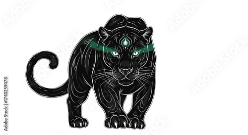 Mystical Panther with Glowing Green Eyes on White Background