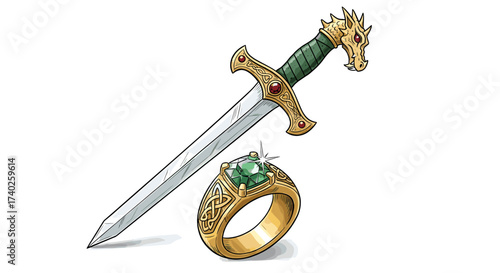 Fantasy Gold Ring with Emerald and a Dragon Hilted Dagger