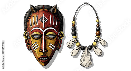 Ornate African Mask and Beaded Necklace on a White Background