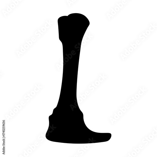 Stylized black silhouette of a femur bone with exaggerated features on white
