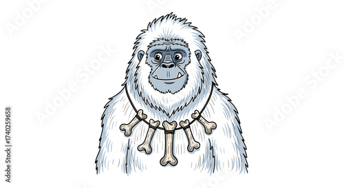 Cartoon Yeti Smiling with Bone Necklace on White Background