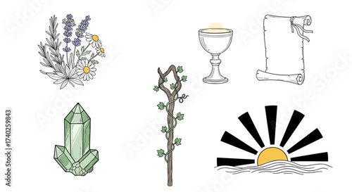 Illustrated Magical Elements: Lavender, Crystal, Chalice, Scroll, Staff, and Sunset