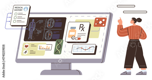 Health professional reviewing patient data on monitor, including medical history, diagnostics, DNA tests, and prescriptions. Ideal for healthcare, technology, innovation, diagnostics data analysis