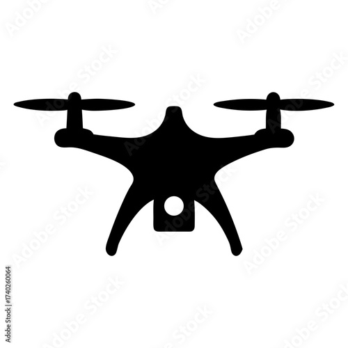 Isolated black silhouette of a quadcopter drone with a central camera mount