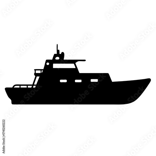 Silhouette of a large modern yacht with multiple decks and windows