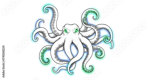 Glowing Octopus with Tentacles, Graphic Creature in Ocean Depths