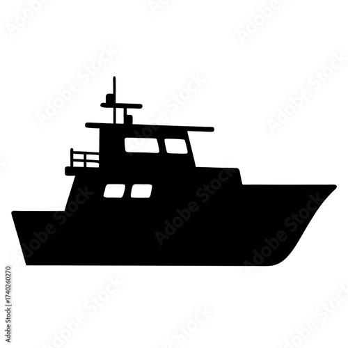 Silhouette of a commercial fishing trawler boat vessel with antenna and cabin