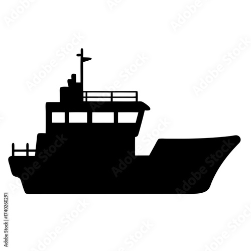 Silhouette of a Commercial Fishing Vessel in Black and White