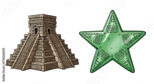 El Castillo pyramid with a mystical green star artifact illustration