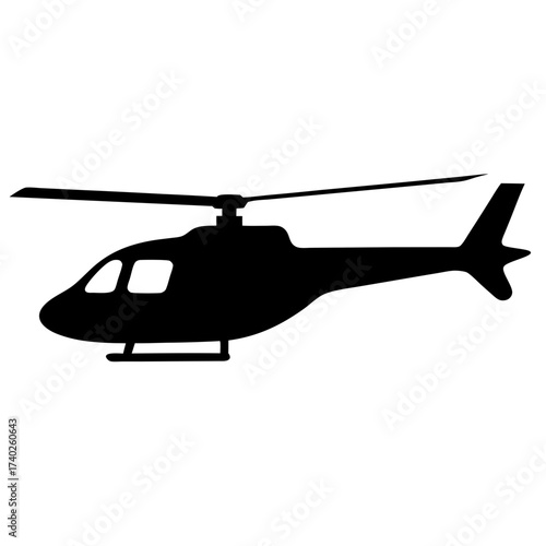 Silhouette of a helicopter flying with rotating blades over a white background