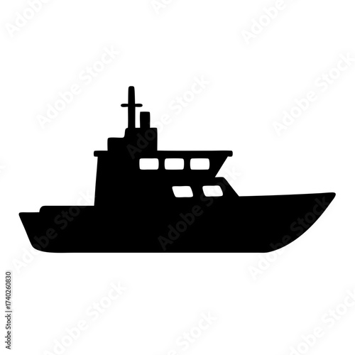 Black silhouette of a modern ship with windows and a tall mast