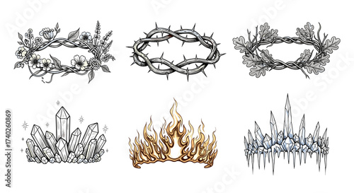 Crowns and Wreaths: Tattoo Style Illustration Collection, Fantasy and Nature