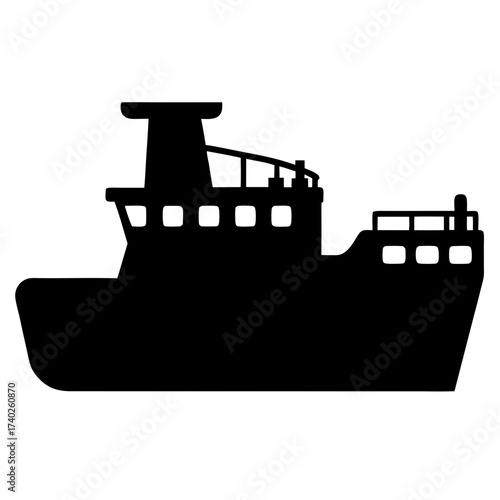 Black and White silhouette illustration of a merchant cargo ferry ship