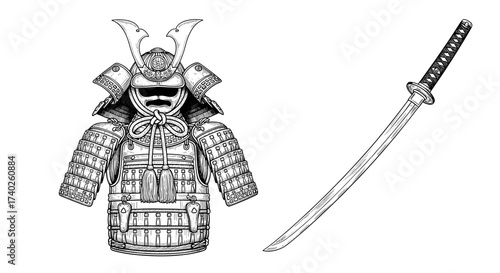 Detailed black and white illustration of a Samurai armor and sword