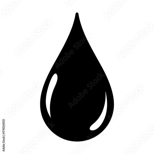 Simple black water droplet icon with reflection highlighting, minimalistic design