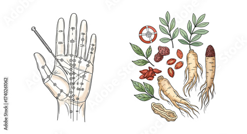 Hand Palm Acupuncture Points and Healing Herbs Illustration for Medicine
