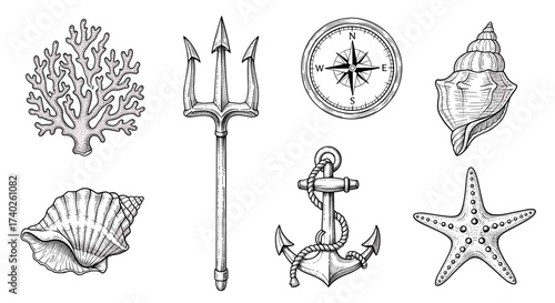 Nautical element sketch composition for marine adventures and seafaring themes