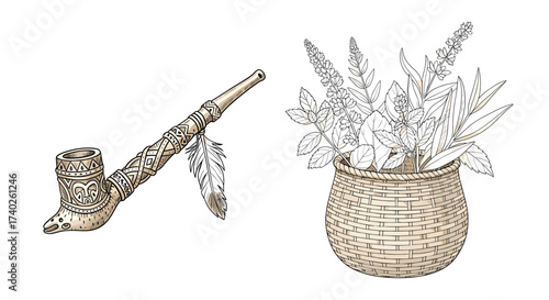 Intricate Native American Pipe and Medicinal Herbs Illustration Design