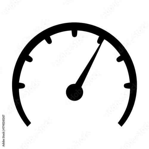 Simple black and white speedometer illustration with a needle pointing up and right
