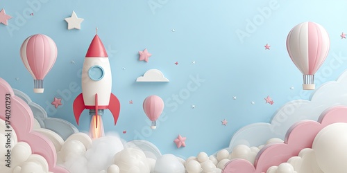 Fototapeta Naklejka Na Ścianę i Meble -  A whimsical scene featuring a red rocket ship launching amidst pastel-colored hot air balloons, clouds, and stars