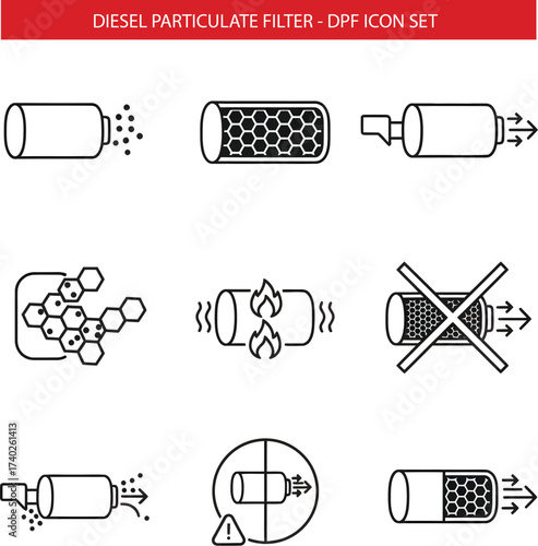 Diesel Particulate Filter DPF Minimal Line Art Vector Icon Set