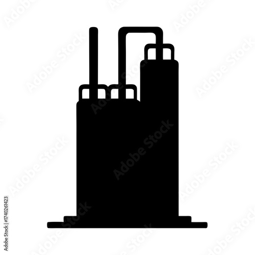 Silhouette of industrial complex, pipelines and chimney against plain background