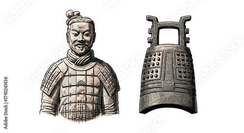 Ancient Chinese Relics: A Terracotta Warrior and Bronze Bell Illustration