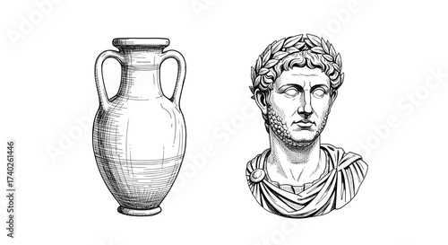 Detailed sketch of Roman bust and pottery vase on white backdrop.