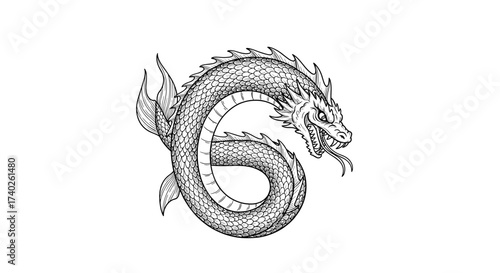 Stylized Serpent Dragon Illustration with Scales and Fins on White