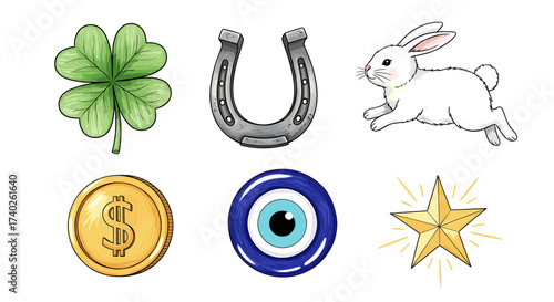 Collection of colorful lucky charm symbols isolated on white background