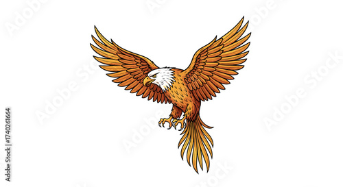 Golden eagle spreading wings illustration against white background.