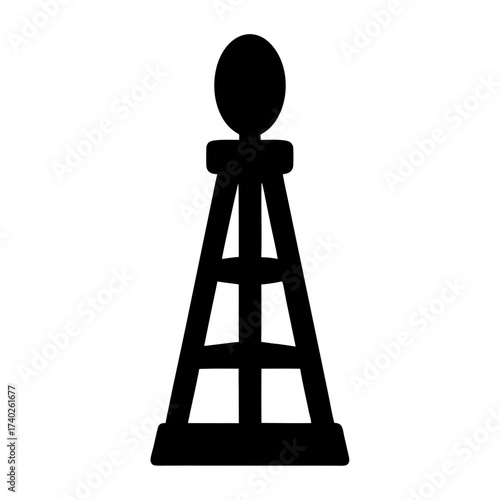 Black and white graphic of a lighthouse tower with round top beacon