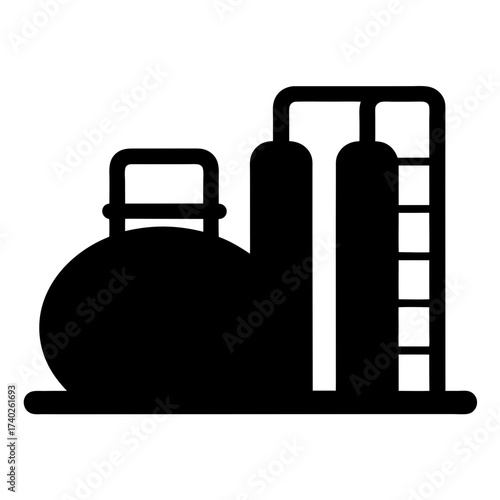Simplified black and white industrial manufacturing plant icon for various purposes