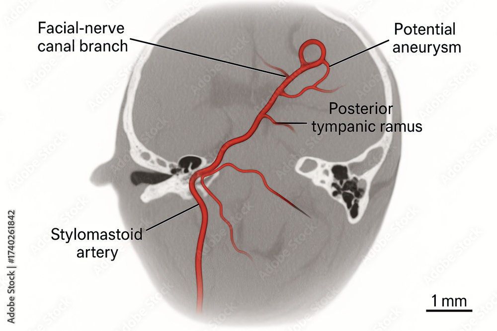 Obraz premium Axial CT Angiography of a Human Head Showing Arterial Anatomy with Labels for Potential Aneurysm, Facial Nerve Canal Branch, Posterior Tympanic Ramus, and Stylomastoid Artery