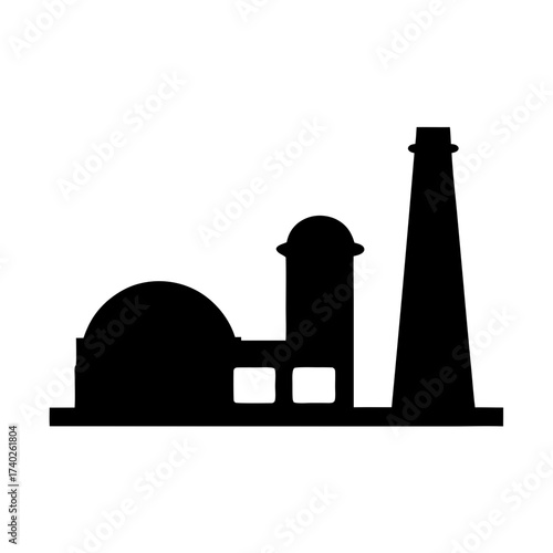 Silhouette of an industrial complex with varied structures and a tall chimney