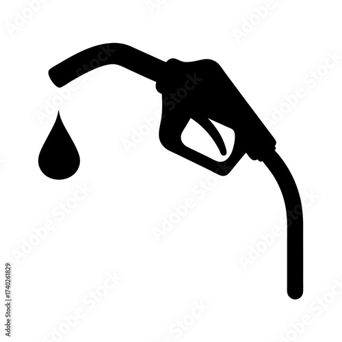 Black gas pump nozzle with a single droplet falling on white background