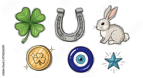 Lucky charms illustration with clover, horseshoe, rabbit and golden coin.