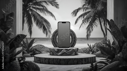 Modern vase displayed amidst tropical foliage and palm trees