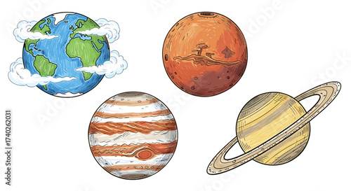 Colorful Planetary Illustration: Earth, Mars, Jupiter, and Saturn Drawn Together