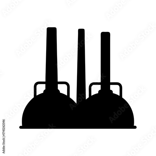Silhouette of industrial brewing equipment with cylindrical tanks and vertical pipes