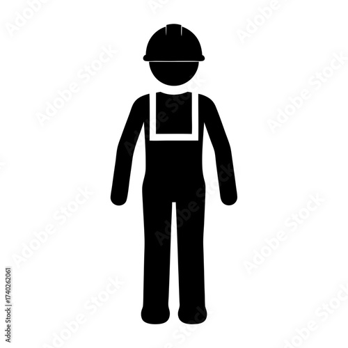 Stylized icon of a construction worker with safety helmet and overalls