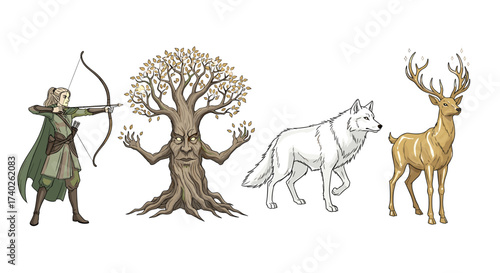 Fantasy Illustration with Archer, Animated Tree, White Wolf, and Golden Deer