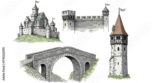 Detailed Sketches of Classic Medieval Castles, Towers, and Bridges