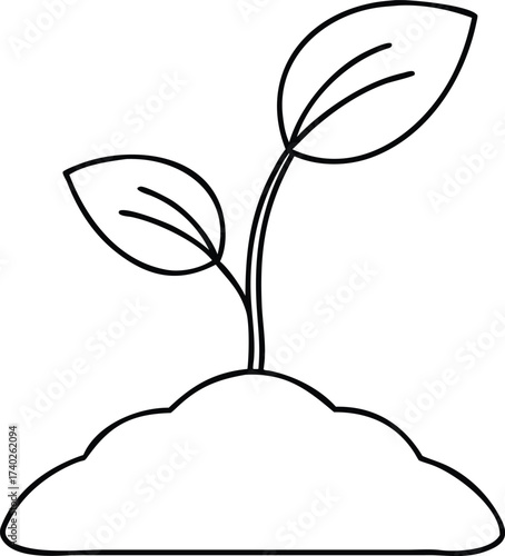 Vector art of a simple black and white line drawing of a young plant sprouting from a mound of soil