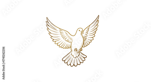 Elegant golden dove illustration on a white background with wings spread