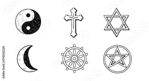 Illustration of six diverse religious and spiritual symbols in black