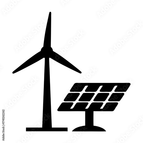 Wind Turbine and Solar Panel Graphic Representing Clean Energy Sources