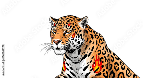 Striking Cartoon Jaguar with Flames on Fur Isolated Against White